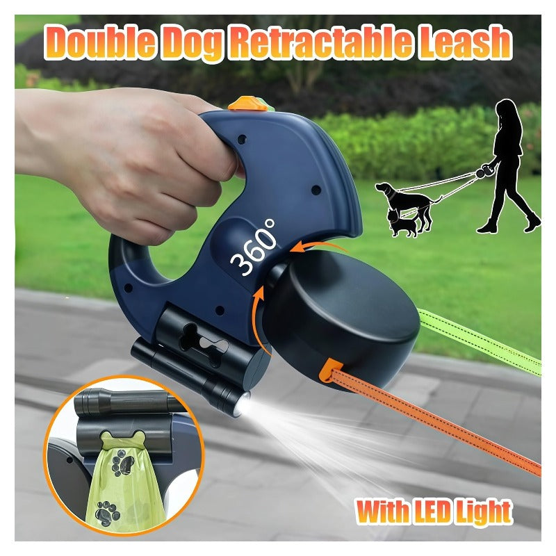 Dual Dog Leash with Tangle-Free Swivel & LED Light